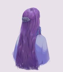 Rule 34 | 1girl, absurdres, artist name, blue scarf, commentary, fern (sousou no frieren), from behind, hair focus, highres, kareneduardda, long hair, purple hair, scarf, simple background, solo, sousou no frieren, upper body, white background