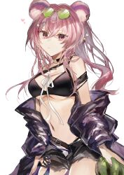 1girl absurdres animal_ear_piercing animal_ears arknights bare_shoulders belt belt_buckle bikini bikini_ribbon bikini_under_shorts black_belt black_bikini black_choker black_jacket black_shorts breasts buckle choker closed_mouth commentary cowboy_shot expressionless eyewear_on_head fumi_(rdbm) hair_between_eyes hair_ornament hairclip heart highres jacket jewelry lin_(arknights) long_hair looking_at_viewer medium_breasts midriff mouse_ears navel necklace off_shoulder pink_eyes pink_hair ribbon short_shorts shorts sidelocks solo sunglasses swimsuit tinted_eyewear underboob unzipped white_background white_ribbon yellow-tinted_eyewear
