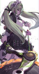 1girl apron black_dress chromatic_aberration closed_mouth commentary_request corin_wickes dress highres holding holding_weapon long_hair looking_at_viewer maid maid_headdress reinoni solo twintails weapon white_apron white_background white_headdress yellow_eyes zenless_zone_zero