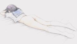 1girl absurdres ass bbmasa black_hair blue_sailor_collar bottomless closed_eyes commentary_request from_behind gradient_background hibike!_euphonium highres kitauji_high_school_uniform kneehighs liz_to_aoi_tori long_hair lying on_stomach sailor_collar school_uniform shirt short_sleeves sleeping socks solo summer_uniform traditional_media white_shirt white_socks yoroizuka_mizore