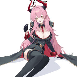 1girl absurdres between_breasts black_gloves blue_archive bra bra_peek breasts coin coin_on_string feet_out_of_frame gloves halo highres holed_coin horns iak large_breasts long_hair looking_at_viewer mole mole_on_breast necktie necktie_between_breasts pink_hair red_bra red_garter_straps red_halo red_necktie red_wrist_cuffs satsuki_(blue_archive) sidelocks simple_background sitting solo underwear white_background wrist_cuffs yellow_eyes yokozuwari
