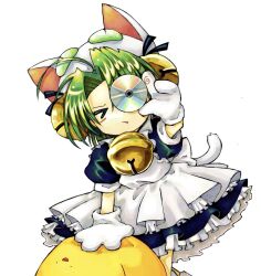 Rule 34 | &gt; &lt;, 1girl, animal hat, blue dress, cat hat, cd, curtained hair, dejiko, di gi charat, disc (object), dress, eumillipes, facing viewer, fang, gema, gloves, green hair, hat, highres, holding cd, necktie, open mouth, short hair, simple background, solo, white background, white dress, white gloves