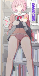 1girl arimon_(dfrgty12) bare_legs book bookshelf bow bow_panties breasts cardigan closed_mouth clothes_lift commentary_request drop_shadow feet_out_of_frame from_below frown gluteal_fold grey_serafuku grey_shirt grey_skirt hair_flaps highres indoors lace lace-trimmed_panties lace_trim legs_apart lifting_own_clothes long_sleeves looking_at_viewer medium_breasts miyamasuzaka_girls&#039;_academy_school_uniform navel neckerchief ootori_emu open_cardigan open_clothes panties pink_bow pink_cardigan pink_hair pink_panties project_sekai puffy_long_sleeves puffy_sleeves raised_inner_eyebrows red_neckerchief sailor_collar school_uniform serafuku shirt short_hair skirt skirt_lift solo standing straight-on sweatdrop translation_request underwear white_sailor_collar