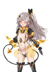 Rule 34 | 1girl, absurdres, areola slip, bikini, black thighhighs, blush, breasts, corruption, covered erect nipples, dark persona, demon tail, girls&#039; frontline, gloves, grey hair, hair ornament, heart, heart tattoo, highres, logia13laplace, long hair, looking at viewer, low wings, magical girl, micro bikini, navel, one eye closed, one side up, orange eyes, pubic tattoo, revealing clothes, scar, scar across eye, scar on face, simple background, slave gear, slingshot swimsuit, small breasts, smile, solo, swimsuit, tail, tattoo, thighhighs, transparent background, ts magical girl nao, ump45 (girls&#039; frontline), variant set, wings, yellow eyes