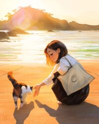 Rule 34 | 1girl, 1other, arm on knee, bag, beach, black eyes, blurry, bob cut, brown hair, cat, day, depth of field, highres, lens flare, looking at animal, mountainous horizon, original, outstretched hand, reflection, reflective water, rock, sam yang, shadow, shirt, shoulder bag, smile, sniffing hand, squatting, tote bag, white shirt