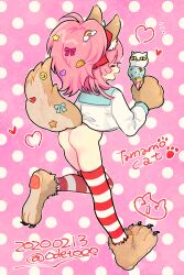 1girl animal_ear_fluff animal_ears ass fate/grand_order fate_(series) fox_ears fox_tail from_behind highres holding holding_ice_cream_cone ice_cream_cone no_panties odetooo pink_hair polka_dot polka_dot_background ponytail solo striped_clothes striped_thighhighs tail tamamo_(fate) tamamo_cat_(fate) thighhighs