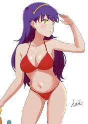 1girl artist_name athena_(series) bikini breasts cleavage feet highres large_breasts legs long_hair navel parted_lips princess_athena purple_hair red_bikini snk swimsuit thighs weapon yellow_eyes