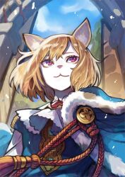 1boy animal_ears blonde_hair blue_cape cape closed_mouth commentary_request door fur-trimmed_cape fur_trim furry furry_male highres male_focus morley_(visions_of_mana) red_eyes red_rope rope rumie seiken_densetsu short_hair smile solo standing visions_of_mana white_fur