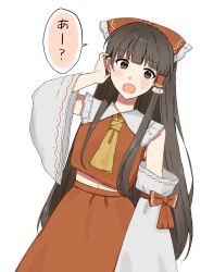 1girl ascot black_eyes black_hair blush bow collar collared_shirt commentary_request detached_sleeves frilled_bow frilled_collar frilled_hair_tubes frills hair_bow hair_tubes hakurei_reimu highres long_hair long_sleeves looking_to_the_side mati100311 midriff_peek navel open_mouth red_bow red_shirt red_skirt shirt sidelocks simple_background skirt sleeveless sleeveless_shirt solo sweatdrop touhou translation_request tucking_hair very_long_hair white_background white_sleeves wide_sleeves yellow_ascot