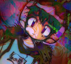 1girl alien_nine closed_mouth distortion dutch_angle helmet highres kitoral looking_at_viewer low_twintails name_tag ootani_yuri psychedelic purple_eyes shirt solo tareme twintails upper_body