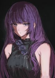 1girl alternate_costume bare_arms bare_shoulders black_shirt blunt_bangs closed_mouth fern_(sousou_no_frieren) flower highres long_hair looking_at_viewer moku_(muooku) purple_eyes purple_flower purple_hair shirt sidelocks sleeveless sleeveless_shirt solo sousou_no_frieren turtleneck turtleneck_shirt