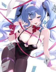 Rule 34 | 1girl, absurdres, animal ear hairband, animal ears, arm strap, arm support, armpit crease, bare shoulders, black leotard, blue eyes, blue hair, blurry, blush, bound, bound wrists, breasts, card, center-flap bangs, chest strap, cleavage, commentary, covered groin, cutout above navel, depth of field, detached collar, eyelashes, fake animal ears, floating card, hair ornament, hair ribbon, hairband, hatsune miku, highres, large breasts, leotard, long hair, looking at viewer, namedango (uouodango), necktie, open mouth, pantyhose, pink necktie, pink ribbon, playboy bunny, playing card, rabbit ear hairband, rabbit ears, rabbit hole (vocaloid), red nails, ribbon, short necktie, single wrist cuff, skindentation, smile, solo, symbol-only commentary, teardrop facial mark, thigh strap, twintails, very long hair, vocaloid, white hairband, wrist cuffs, x hair ornament