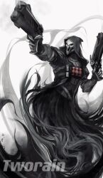 Rule 34 | 1boy, aiming, artist name, black coat, chinese commentary, coat, commentary request, feet out of frame, gun, handgun, highres, holding, holding gun, holding weapon, hood, hood up, hooded coat, male focus, mask, overwatch, reaper (overwatch), simple background, tworain w, watermark, weapon, white background