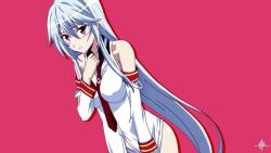 1girl bare_legs blush breasts chidorigafuchi_aine cleavage hand_on_own_chest large_breasts long_hair masou_gakuen_hxh miyai_kana necktie red_background red_eyes shirt smile white_hair