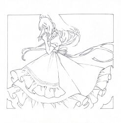 1girl apron closed_eyes commentary_request dress frilled_apron frills goshi-san highres long_hair maid maid_headdress monochrome original profile puffy_short_sleeves puffy_sleeves short_sleeves solo