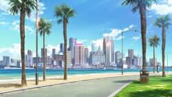 atmospheric_perspective beach cityscape cloud cloudy_sky day grass highres lake no_humans non-web_source official_art our_life:_beginnings_and_always outdoors palm_tree road scenery sky tree water