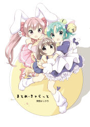 3girls absurdres animal_ears animal_hat anzu_yoshihiro bell bow cat_hat cat_tail dejiko di_gi_charat fake_animal_ears gema gloves green_eyes green_hair hat highres hug jingle_bell multiple_girls open_mouth pink_eyes pink_hair puchiko tail tail_bow tail_ornament translation_request twintails usada_hikaru white_gloves x_mouth