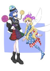 Rule 34 | 2girls, american flag dress, american flag legwear, bare shoulders, belt, black belt, black boots, black choker, black hat, black jacket, black shirt, blonde hair, blue background, blue eyes, blue hair, blush, boots, border, breasts, chain, choker, closed mouth, clothes writing, clownpiece, collarbone, dress, earth (ornament), fairy wings, fingernails, flying, frills, from side, full body, fur-trimmed jacket, fur-trimmed sleeves, fur trim, gold chain, green skirt, hand on own hip, hat, hecatia lapislazuli, hecatia lapislazuli (earth), highres, jacket, leg up, long hair, long sleeves, looking at viewer, majime na gakuinsei, medium breasts, medium hair, moon (ornament), multicolored skirt, multiple girls, neck ruff, no shoes, off-shoulder shirt, off shoulder, open clothes, open jacket, open mouth, outside border, pantyhose, plaid clothes, plaid skirt, polka dot headwear, pom pom (clothes), puffy long sleeves, puffy sleeves, purple hat, purple skirt, red eyes, red skirt, shirt, simple background, skirt, smile, star (symbol), star print, striped clothes, striped dress, striped pantyhose, t-shirt, teeth, touhou, underworld (ornament), wavy hair, white border, wings