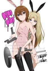 2girls absurdres bare_shoulders black_thighhighs blonde_hair blue_eyes collarbone cowboy_shot flat_chest frenda_seivelun gun highres holding holding_gun holding_weapon kinuhata_saiai leotard long_hair mac-v multiple_girls playboy_bunny signature simple_background thighhighs toaru_anbu_no_item toaru_kagaku_no_railgun toaru_majutsu_no_index upper_body watermark weapon white_background
