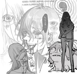 1boy blood blood_from_mouth blood_on_face disembodied_eye fetus greyscale highres huli_xiaobai long_hair looking_at_viewer mahito_(jujutsu_kaisen) male_focus monochrome multiple_views nosebleed open_mouth stitched_face stitches
