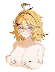 Rule 34 | 1girl, ahoge, black nails, blonde hair, blue eyes, blush, breasts, commentary, covering breasts, covering privates, dokibird (vtuber), english commentary, hair intakes, highres, indie virtual youtuber, kalm ol, large breasts, medium hair, nude, parted lips, smile, solo, sweat, virtual youtuber