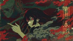1girl between_fingers black_hair bright_pupils closed_mouth earrings floating_hair from_side hair_between_eyes highres holding holding_ofuda jewelry looking_at_viewer multicolored_hair ofuda original red_eyes red_hair shakujou skeleton smile smoke staff streaked_hair two-tone_hair upper_body v-shaped_eyebrows washiya0 white_pupils