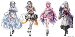 5girls alternate_costume apron bandaid bandaid_on_head black_shoes blush boots bow bowtie breasts character_doll checkered_clothes checkered_dress cinderella_(nikke) cleavage closed_mouth copyright_name crossed_legs detached_collar dorothy_(nikke) dress elbow_gloves enmaided flower-shaped_hair frilled_apron frilled_dress frills full_body garter_straps gloves goddess_of_victory:_nikke grey_hair hair_between_eyes hair_intakes hair_over_one_eye heart heart_hands highres knee_boots large_breasts leg_up looking_at_viewer maid maid_headdress midriff modernia_(nikke) multiple_girls navel official_alternate_costume official_art pink_dress pink_hair pinne_(nikke) purple_eyes red_eyes ribbon scarlet_(nikke) see-through_clothes see-through_dress shoes skindentation smile sonsoso standing thighhighs twintails white_background white_hair wide_sleeves wristband yellow_eyes zettai_ryouiki