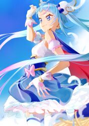 1girl ahoge blue_eyes blue_hair blue_skirt bow cape commentary_request cure_sky detached_sleeves fingerless_gloves gloves hair_ornament hand_on_own_hip highres hirogaru_sky!_precure magical_girl pink_bow precure puffy_detached_sleeves puffy_sleeves shipu_(gassyumaron) single_sidelock skirt smile sora_harewataru thighhighs twintails two-sided_cape two-sided_fabric white_gloves white_thighhighs wing_hair_ornament
