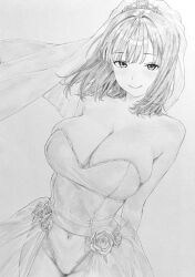 1girl absurdres breasts bridal_veil cleavage closed_mouth commentary_request covered_navel cowboy_shot dot_nose dress flower graphite_(medium) greyscale hair_intakes highres huge_breasts lensia looking_at_viewer medium_hair monochrome original rose skindentation smile solo standing strapless strapless_dress tiara traditional_media veil wedding_dress