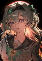 1girl aqua_bow black_hairband black_sailor_collar blue_pupils bow commentary english_commentary firefly_(honkai:_star_rail) grey_hair hairband highres honkai:_star_rail honkai_(series) kowai_(iamkowai) long_hair looking_at_viewer parted_lips purple_eyes sailor_collar school_uniform serafuku shirt solo white_shirt
