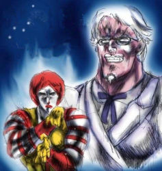 2boys afro colonel_sanders glasses hara_tetsuo_(style) hokuto_no_ken kfc long_sleeves male_focus manly mcdonald&#039;s multiple_boys parody ronald ronald_mcdonald style_parody