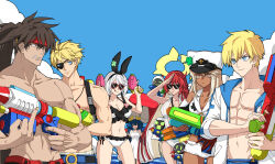 3boys 4girls abs absurdres ahoge alternate_costume bandaged_arm bandages bikini black_hairband blonde_hair blue_eyes blue_hair blunt_ends breasts broken_halo brown_hair cleavage clover colored_inner_hair dark-skinned_female dark_skin dizzy_(guilty_gear) dress ebi_pri_shrimp elphelt_valentine eyepatch family father-in-law_and_son-in-law father_and_daughter father_and_son four-leaf_clover frilled_bikini frills grandfather_and_grandson guilty_gear guilty_gear_strive guilty_gear_xrd gun hair_between_eyes hair_ribbon hair_rings hairband halo heart heart-shaped_eyewear highres holding holding_gun holding_weapon huge_ahoge husband_and_wife jack-o&#039;_valentine ky_kiske large_breasts long_hair looking_at_viewer mature_female medium_breasts messy_hair mother_and_son multicolored_hair multiple_boys multiple_girls muscular muscular_male navel orange_eyes ramlethal_valentine red_eyes red_hair ribbon short_hair short_shorts shorts sin_kiske smile sol_badguy spiked_halo summer sunglasses swimsuit two-tone_hair very_long_hair weapon white_bikini white_dress white_hair white_shorts yellow_ribbon