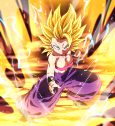 1girl black_shoes blonde_hair breasts caulifla cleavage dragon_ball dragon_ball_super electricity fighting_stance green_eyes looking_at_viewer medium_breasts pants pink_tube_top purple_pants rom_(20) saiyan shoes smile spiked_hair strapless super_saiyan tube_top wrist_guards