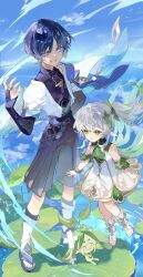 1boy 1girl animal_print anklet aqua_kimono aqua_sleeves aranara_(genshin_impact) arm_behind_back armlet armor arms_at_sides artist_name belt bird_print black_belt black_bodysuit black_bow black_bridal_gauntlets black_hair black_leggings black_sandals black_shorts blue_cape blue_gemstone blue_sky blunt_ends bodysuit bow bracelet bridal_gauntlets cape cloud cloudy_sky cross-shaped_pupils curled_fingers detached_sleeves dress feathers fingernails floating furisode furrowed_brow gem genshin_impact gold gold_ring gold_trim green_cape green_eyes green_hair green_sleeves hair_between_eyes hakama hakama_shorts hand_up height_difference highres hip_vent japanese_armor japanese_clothes jewelry juban kimono kote kurokote layered_sleeves leg_warmers leggings levitation lily_pad long_hair looking_at_viewer looking_down mandarin_collar middle_ring mimimikan multicolored_hair nahida_(genshin_impact) open_clothes open_hands open_kimono open_mouth outdoors parted_lips pleated_shorts pointy_ears pom_pom_(clothes) purple_eyes purple_hair purple_rope purple_sash ripples rope sandals sash scaramouche_(genshin_impact) short_sleeves shorts side_ponytail sidelocks sky smirk standing stirrup_footwear streaked_hair symbol-shaped_pupils tassel toenails toes uneven_eyes v-shaped_eyebrows vision_(genshin_impact) wanderer_(genshin_impact) white_dress white_hair white_kimono white_leg_warmers white_mouth white_sleeves white_trim wind yellow_feathers yellow_pupils zouri