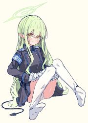 1girl :3 absurdres armband black_jacket black_skirt blue_archive blue_armband blue_shirt blue_skirt blush buttons closed_mouth clothes_pull commentary demon_girl demon_tail double-breasted earrings eyes_visible_through_hair fang feet full_body gloves green_background green_hair green_halo grey_halo hair_between_eyes halo highres hikari_(blue_archive) jacket jewelry kanikama_acedia knees_together_feet_apart knees_up loli long_hair long_sleeves looking_at_viewer miniskirt no_headwear no_shoes panties pantyhose pantyhose_pull pleated_skirt pointy_ears pulling_own_clothes shirt short_eyebrows sidelocks simple_background sitting skin_fang skirt smile soles solo tail thick_eyebrows thighs underwear very_long_hair wavy_hair white_gloves white_panties white_pantyhose yellow_eyes