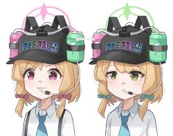 2girls :3 beer_hat blonde_hair blue_archive blue_bow bow closed_mouth collared_shirt dress_shirt green_eyes green_halo hair_bow halo highres low-tied_sidelocks medium_hair midori_(blue_archive) momoi_(blue_archive) multiple_girls pink_bow pink_eyes pink_halo shirt siblings sidelocks simple_background sisters twins upper_body uttsu_(yumaviviane) white_background white_shirt