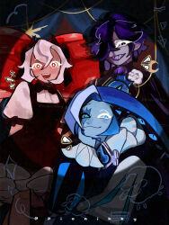 1boy 1girl 2boys black_sapphire_cookie blue_eyes blue_skin candy_apple_cookie colored_skin cookie_run cookie_run:_kingdom hat highres humanization jester_cap jewelry long_hair long_sleeves looking_at_viewer male_focus multiple_boys neck_ruff pionikky puffy_long_sleeves puffy_sleeves shadow_milk_cookie simple_background smile white_hair