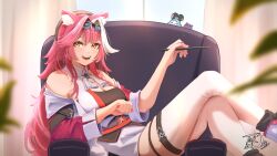 1girl animal_ear_fluff animal_ears bare_shoulders breasts commentary couch english_commentary highres holding hololive hololive_english looking_at_viewer open_mouth pink_hair raora_panthera sitting smile solo takomonty teeth upper_teeth_only virtual_youtuber yellow_eyes