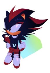 Rule 34 | 1boy, adapted costume, alternate costume, animal ears, animal nose, black eyes, black fur, black shoes, body fur, chaos emerald, chest hair, eyeshadow, flyver802, full body, gloves, hand on own hip, hand up, light frown, looking to the side, makeup, male focus, multicolored fur, multicolored shoes, parody, red eyeshadow, red fur, red shoes, shadow the hedgehog, shoes, short tail, sneakers, sonic (series), sonic the hedgehog (classic), spines, standing, style parody, tail, two-tone fur, white fur, white gloves, white shoes