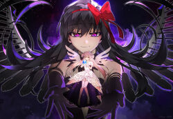 2girls absurdres akemi_homura akuma_homura black_dress black_feathers black_gloves black_hair closed_mouth commentary dress earth_(planet) elbow_gloves feathered_wings feathers floating_hair gloves hair_ribbon highres kaname_madoka korean_commentary long_hair looking_at_another mahou_shoujo_madoka_magica mahou_shoujo_madoka_magica:_hangyaku_no_monogatari multiple_girls pink_dress pink_hair planet purple_eyes red_ribbon ribbon short_twintails show_1818 smile space spoilers twintails ultimate_madoka wings