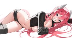 1girl black_jacket black_shorts black_thighhighs blush breasts cleavage colored_extremities commentary commission deviantart_username fangs grin highres horns jacket jewelry kono_(xerondan321) large_breasts long_hair looking_at_viewer lying navel necklace on_side open_clothes open_jacket original pink_hair pointy_ears purple_eyes red_hair shorts simple_background smile solo solo_focus stomach teeth thighhighs thighs twitter_username white_background white_horns