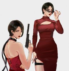 1girl ada_wong adjusting_eyewear bare_back black-framed_eyewear black_collar black_hair black_nails breasts closed_mouth collar commentary cowboy_shot dress english_commentary fingernails from_behind grey_eyes gun hand_up handgun hashtag-only_commentary henoopd highres holding holding_gun holding_weapon long_fingernails looking_at_viewer looking_back looking_over_eyewear looking_to_the_side parted_lips red_dress red_lips resident_evil resident_evil_4 resident_evil_4_(remake) short_hair simple_background small_breasts sunglasses thigh_strap upper_body weapon white_background