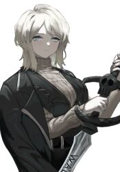 Rule 34 | 1girl, belt, black belt, black pants, black vest, blue eyes, breasts, closed mouth, coat, coat on shoulders, expressionless, faust (project moon), highres, holding, holding sword, holding weapon, light blush, limbus company, long sleeves, looking at viewer, pants, project moon, shiro 464646, shirt, short hair, simple background, skull, solo, sweater, sword, turtleneck, vest, weapon, white background, white hair, white sweater, zweihander
