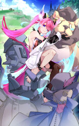 1girl 3others animal animal_ears animal_hug ankle_ribbon bad_source bare_shoulders black_gloves black_thighhighs breasts coat cowardly_lion day fox_ears fox_girl fox_tail full_body gloves gradient_hair hair_between_eyes highres hug indie_virtual_youtuber leg_ribbon leotard long_bangs long_hair looking_at_viewer multicolored_hair multiple_others nature off_shoulder official_art open_clothes open_coat open_mouth outdoors pink_hair purple_eyes ribbon scarecrow_(the_wizard_of_oz) sidelocks smile stirrup_legwear tail teletha_(vtuber) thighhighs tin_man_(the_wizard_of_oz) toeless_legwear twintails very_long_hair virtual_youtuber