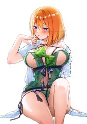 1girl blue_eyes blush bow bowtie bra breast_cutout breasts cleavage closed_mouth collarbone collared_shirt commentary corset criss-cross_halter go-toubun_no_hanayome green_bow green_bowtie green_bra green_corset green_panties halterneck hand_up highres knee_up large_breasts lingerie looking_to_the_side loose_bowtie nakano_yotsuba navel panties shirt short_hair short_sleeves simple_background single_bare_shoulder sitting solo string_bra string_panties symbol-only_commentary thighs twitter_username underwear white_background white_shirt yu_(flowerbird3830)