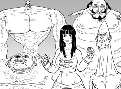 1girl 1koma 4boys absurdres anatomical_nonsense arms_at_sides bald bb_(baalbuddy) beard blunt_bangs breasts cleavage closed_mouth clothed_female_nude_male clothes_writing collarbone comic commentary english_commentary english_text facial_hair fat fat_man hands_up height_difference highres large_breasts large_pectorals long_hair long_neck looking_at_viewer monochrome multiple_boys muscular muscular_male mustache navel nipples nude obese pectorals segmented_comic serious silent_comic small_head smile stomach street_fighter street_fighter_6 tank_top ugly_bastard