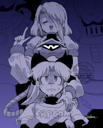 2girls greyscale hair_over_one_eye high_ponytail highres kalinka_cossack_(mega_man) long_hair mega_man_(classic) mega_man_(series) monochrome multiple_girls original ponytail print_shirt shirt short_hair srnhuyuno text_print upper_body watermark