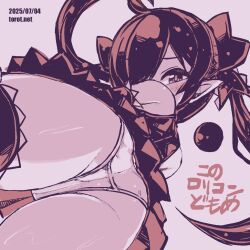 1girl ahoge ass ass_focus backbeako_(torotei) backbeard blush commentary dated dated_commentary dress dutch_angle elbow_gloves from_below from_side gegege_no_kitarou gloves hair_over_one_eye hair_ribbon kono_lolicon_domome long_hair looking_at_viewer looking_back looking_down monochrome original paid_reward_available panties pink_background pink_theme pointy_ears ribbon simple_background sleeveless solo sweat torotei translated twintails underwear very_long_hair watermark web_address
