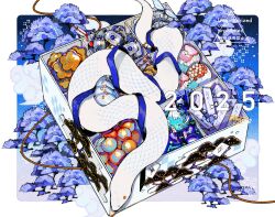 2025 animal_focus black_background blue_ribbon bonsai border box chinese_new_year chinese_zodiac commentary_request endo_(takolegs) highres light_particles no_humans original outside_border ribbon snake watermark white_border xiangyun year_of_the_snake