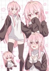Rule 34 | 1girl, antenna hair, black thighhighs, borrowed character, chibi, daikon keroi, hair between eyes, heart, highres, long hair, long sleeves, looking at viewer, looking to the side, multiple tails, mumble (shachimu), nervous, open mouth, original, pink eyes, pink hair, smile, standing, sweater, sweater under dress, tail, thighhighs, turtleneck, turtleneck sweater, two-tone sweater